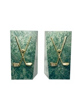 1990s Vintage Pair of Marble & Brass Golf Club Bookends 8”